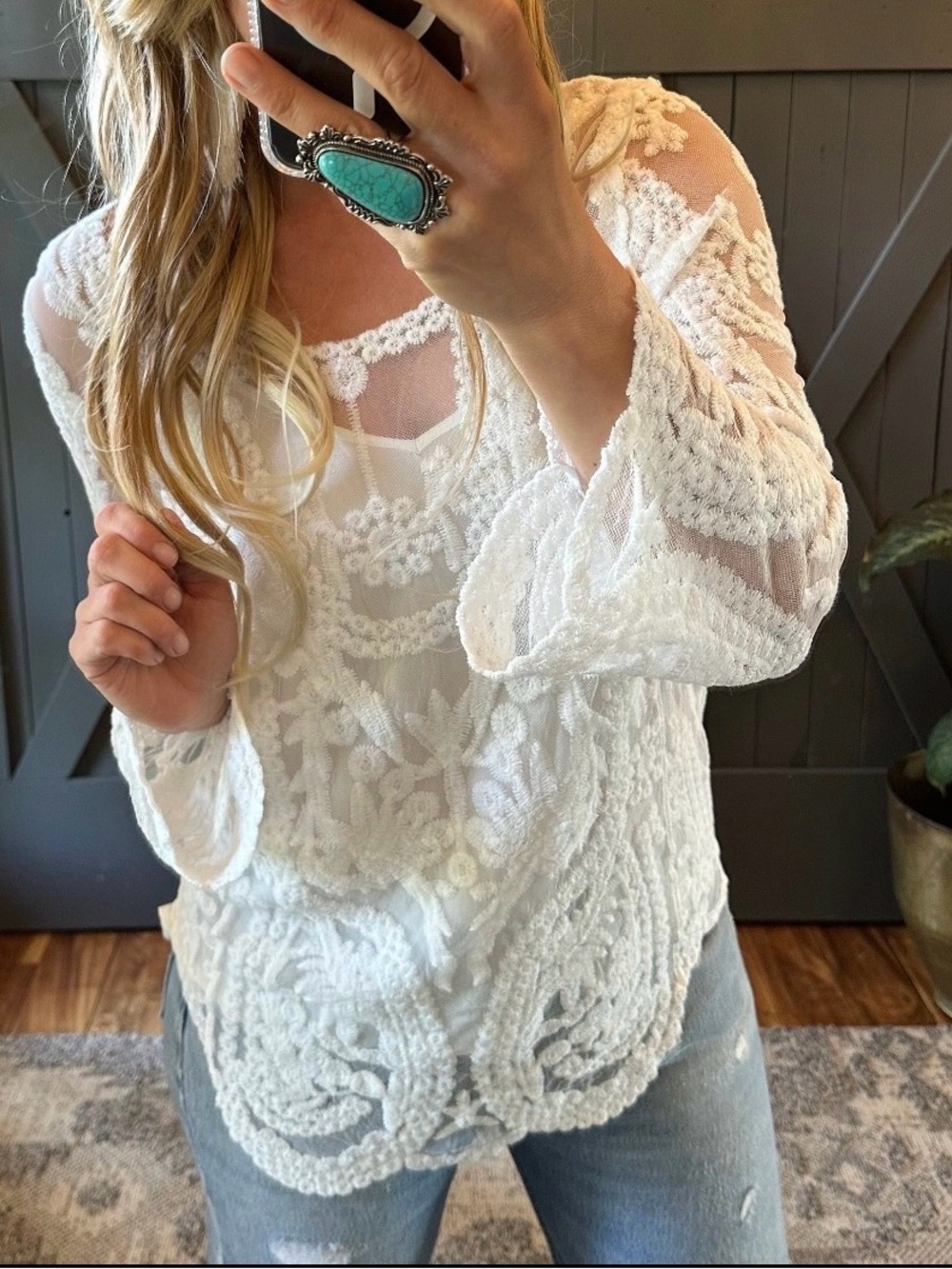 Ivory heavy Lace Long Sleeve Crochet Top - Picture 2 of 10